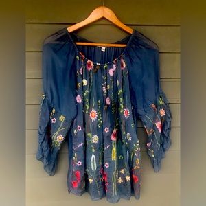 Tempo Paris - Beautiful Indigo with flowers on front/sleeves..looks brand new!
